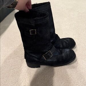 Jimmy Choo Fur Lined Black Distressed Suede Biker Boots